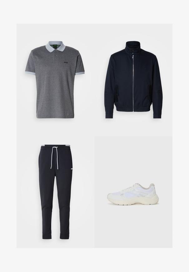 Tengerészkék dzseki magas gallérral, elülső cipzárral, oldalsó zsebekkel és bordázott mandzsettákkal. Sima felület, amelyen diszkrét logórészlet található a mellrészen.; Szürke pólóing mintás textúrával, világoskék gallérral és ujjtakkal. Gombos elülső záródással és hímzett logóval a bal mellen.; Fekete, slim-fit rakott nadrág fehér zsinórral, elasztikus derékpánttal, fehér csíkokkal, és kisebb fehér logóval a comb felső részén.; Fehér sportcipők, amelyek hálós és velúr anyagból készültek, texturált középtalppal, texturált részletekkel és a "HUGO" logóval az oldalon.