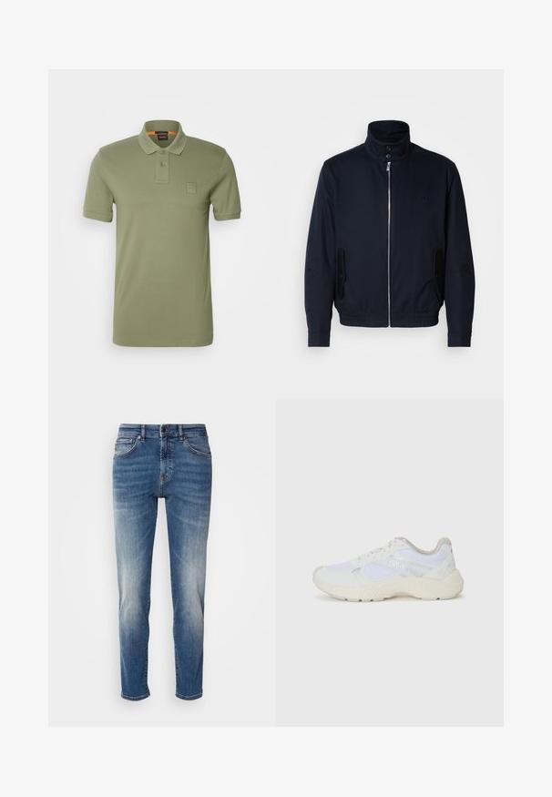 Casaco azul marinho com colarinho alto, fecho éclair frontal, bolsos laterais e punhos canelados. Textura suave com um detalhe logo discreto no peito.; BOSS PASSENGER - Polo - open green; Jeans de ganga azul com um design de perna reta, desbotamento ligeiro, estilo clássico de cinco bolsos e fecho de zip com botão.; Ténis brancos desportivos feitos de malha e camurça, com uma entressola texturizada, elementos texturizados e o logótipo "HUGO" na lateral.