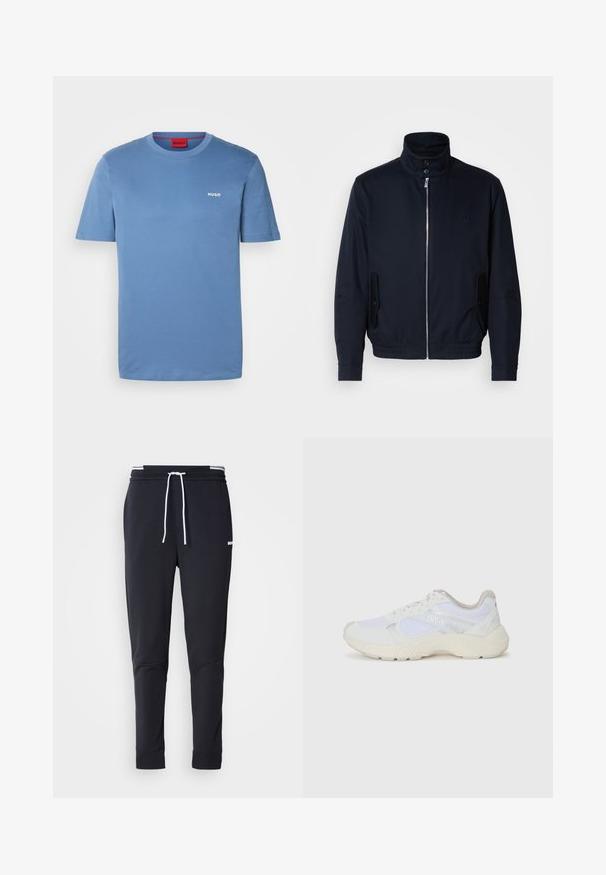 Mornarsko moder plašč z visokim ovratnikom, sprednjim zadrge, stranskimi žepi in rebrastimi manšetami. Gladka tekstura s subtilno detajlom logotipa na prsih.; Svijetloplava majica s kratkim rukavima od pamuka, klasičnog okruglog izreza, s malim bijelim logotipom "HUGO" na lijevoj strani prsnog dijela.; Črne slim-fit jogger hlače z belo vrvico, elastičnim pasom z belimi črtami in majhnim belim logotipom na zgornjem stegnu.; Bela športna obuvala iz mrežastega in semiš materiala, z teksturiranim podplatom, teksturiranimi dodatki in logotipom "HUGO" na strani.