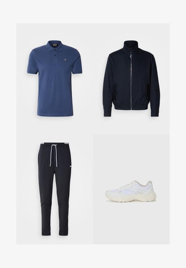 Jūras zils žakets ar augstu apkakli, priekšējo rāvējslēdzi, sānu kabatām un ribotajiem piedurknēm. Gluda tekstūra ar nelielu logotipa detaļu uz krūšu.; Navy zila polo krekls, izgatavots no kokvilnas, ar īsām piedurknēm, trīs pogu aizdari un mazu izšūtu logo uz krūtīm.; Melnas pieguļošas jogger bikses ar baltu auklu, elastīgu jostasvietu ar baltām svītrām un mazu baltu logotipu augšstilbā.; Baltas sporta apavi, kas izgatavoti no sieta un zamšāda, ar teksturētu starpzoli, teksturētām akcentēm un "HUGO" logo sānos.