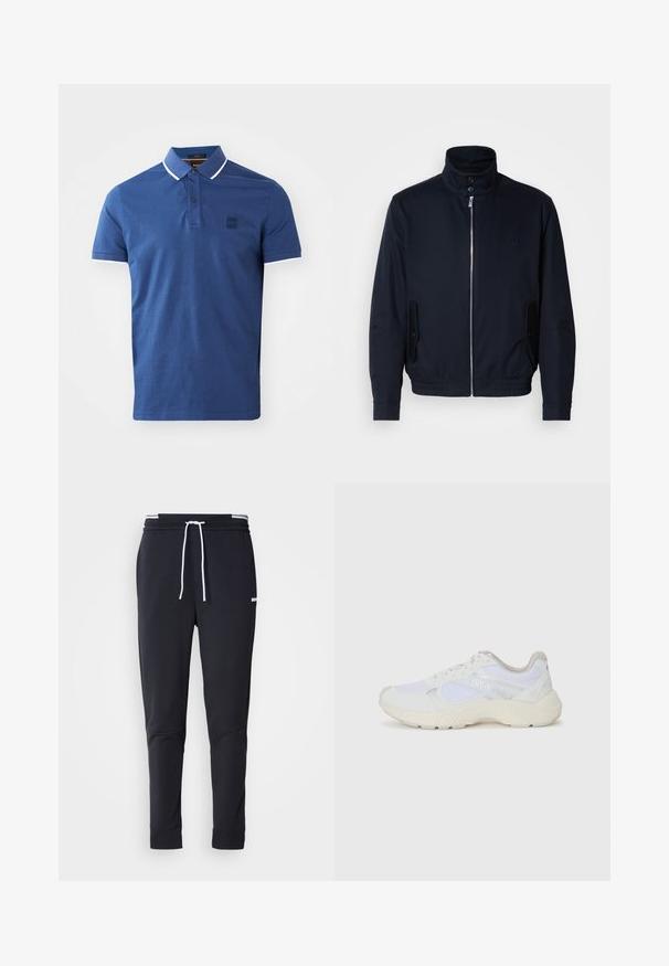 Laivansinis takki, jossa on korkea kaulus, edessä vetoketju, sivutaskut ja ribattu hihansuu. Sileä pinta, jossa on hienovarainen logo-ominaisuus rinnassa.; Polo paita tummansinisestä puuvillasta, jossa on kaksinappinen kaulus, lyhyet hihat ja valkoiset yksityiskohdat kauluksessa ja hihansuiden reunoissa.; Mustat slim-fit collegehousut, joissa on valkoinen naru, joustava vyötärö valkoisilla raidoilla ja pieni valkoinen logo reiden yläosassa.; Valkoiset urheilukengät, jotka on valmistettu verkkokankaasta ja mokasta, sisältävät tekstuurillisen välipohjan, teksturoituja yksityiskohtia ja "HUGO"-logon sivussa.
