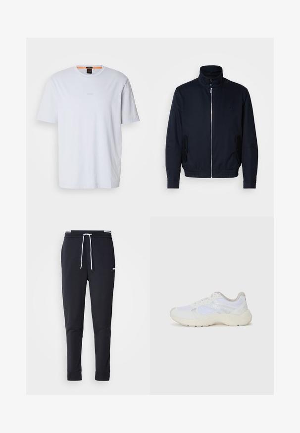 Navy blue jacket with a high collar, front zipper, side pockets, and ribbed cuffs. Smooth texture with a subtle logo detail on the chest.; White cotton t-shirt with a crew neck, featuring a subtle embossed "BOSS" logo on the chest and short sleeves. Smooth texture, casual fit.; Black slim-fit jogger pants with white drawstring, elastic waistband with white stripes, and small white logo on the upper thigh.; White athletic shoes made of mesh and suede, featuring a textured midsole, textured accents, and "HUGO" logo on the side.