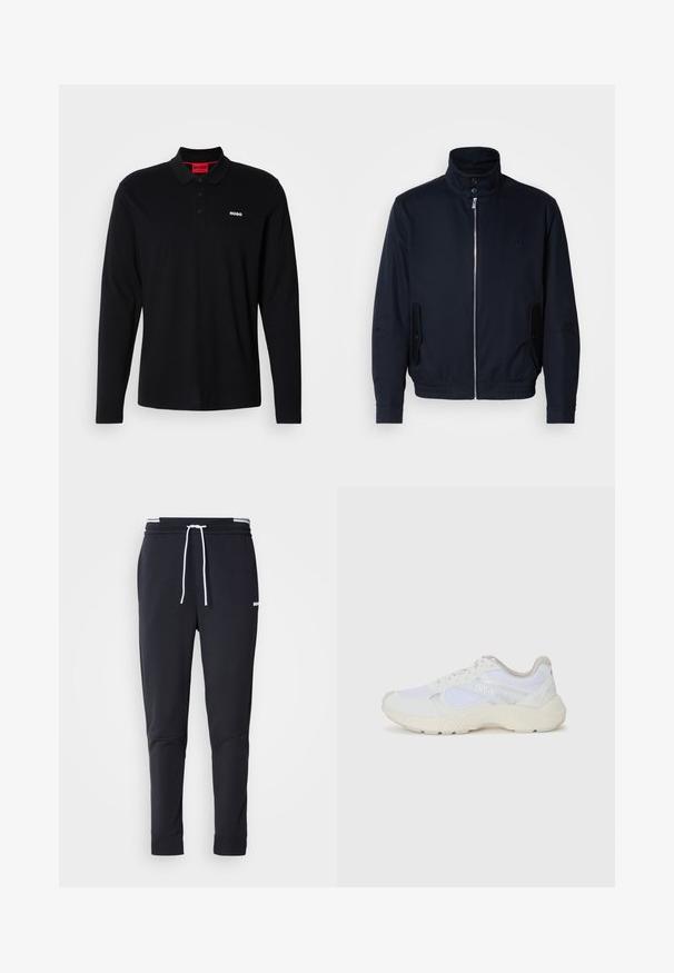 Marinblå jacka med hög krage, frontdragkedja, sidofickor och ribbade ärmar. Slät textur med en diskret logodetalj på bröstet.; Svart långärmad polo tröja i bomull, med en röd krage och tre-knapps placket, samt en vit "HUGO" logo på bröstet.; Svarta slim-fit joggerbyxor med vit dragsko, elastisk midja med vita ränder och en liten vit logotyp på övre låret.; Vitaidrottsskor i mesh och mocka med en strukturerad mellansula, texturerade accenter och "HUGO"-logotypen på sidan.