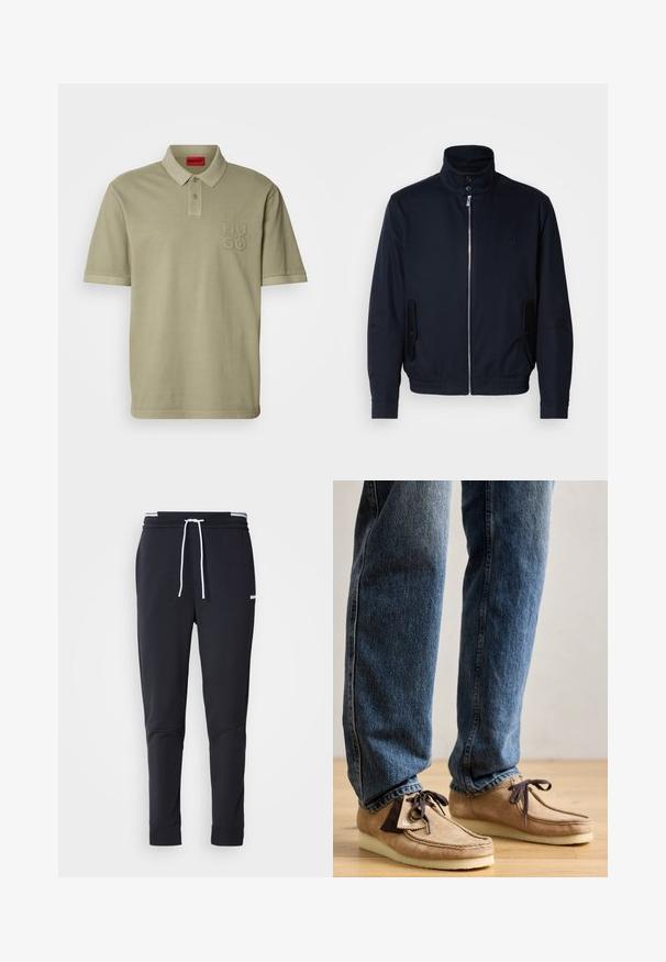 Laivansinis takki, jossa on korkea kaulus, edessä vetoketju, sivutaskut ja ribattu hihansuu. Sileä pinta, jossa on hienovarainen logo-ominaisuus rinnassa.; Khaki polo-paita, jossa on kaulus, lyhyet hihat ja brodeerattu "HUGO" -logo vasemmassa rinnassa. Silkkinen puuvillakangas, minimalistinen muotoilu.; Mustat slim-fit collegehousut, joissa on valkoinen naru, joustava vyötärö valkoisilla raidoilla ja pieni valkoinen logo reiden yläosassa.; Tumma ruskeita mokkasiineja, joissa on vaalea beige väri, pyöreä kärki ja pehmeä valkoinen pohja. Varustettu nauhakiinnityksellä ja ompelutiedoilla.