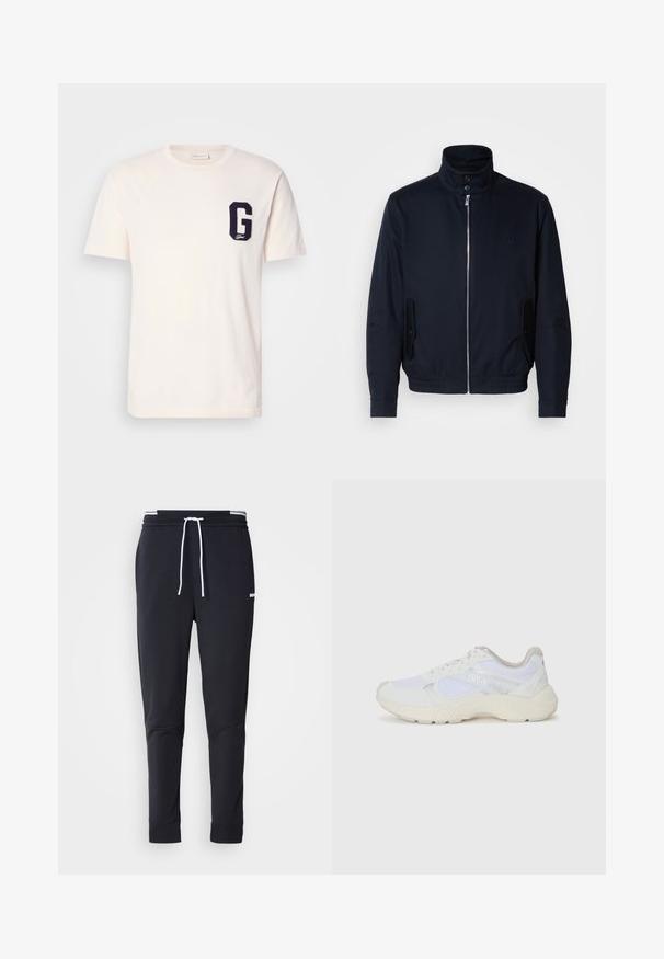 Marineblå jakke med høj krave, frontlynlås, sidelommer og ribstrikkede manchetter. Glat tekstur med en diskret logo detaljer på brystet.; Hvid kortærmet t-shirt med rund hals og et marineblåt "G" mærke på venstre bryst.; Sorte slim-fit joggingbukser med hvid snor, elastisk talje med hvide striber og lille hvidt logo på den øverste lår.; Hvide sportssko lavet af mesh og ruskind, med en struktureret mellemsål, strukturerede detaljer og "HUGO"-logoet på siden.