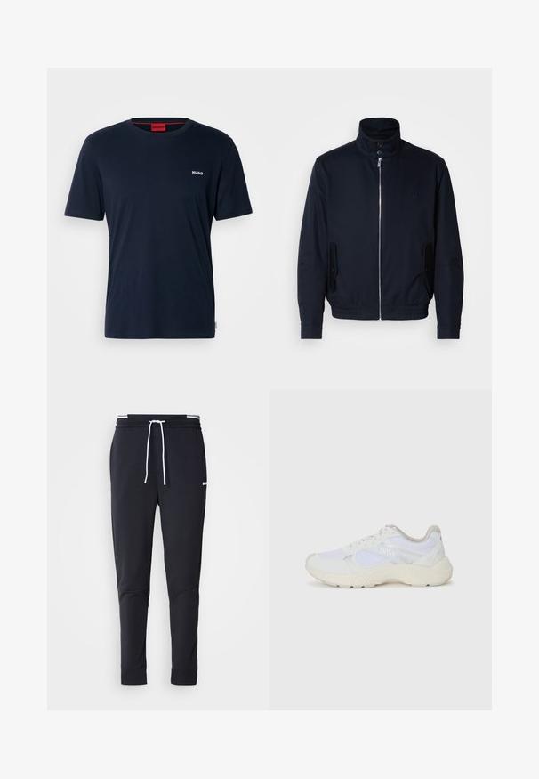 Námořnická modrá bunda s vysokým límcem, předním zipem, bočními kapsami a vroubkovanými manžetami. Hladká textura s jemným logem na hrudi.; Námořnická modrá bavlněná trička s krátkými rukávy, kulatým výstřihem a malým bílým logem "HUGO" na levé hrudi. Hladká textura, minimalistický design.; Černé slim-fit jogger kalhoty s bílým stahovacím proužkem, elastickým pasem s bílými pruhy a malým bílým logem na horní části stehna.; Bílé sportovní boty vyrobené z síťoviny a semiše, s texturovanou mezipodešví, texturovanými akcenty a logem "HUGO" na boku.