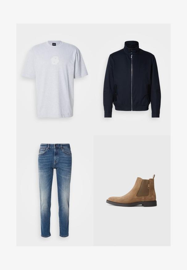 Tamno plava jakna s visokim ovratnikom, prednjim patentnim zatvaračem, bočnim džepovima i rebrastim manžetama. Glatka tekstura s suptilnim logotipom na prsima.; Siva pamučna majica s kratkim rukavima, s mekim bijelim logotipom sprijeda. Dizajn s okruglim izrezom i opuštenim krojem.; Plave traperice s ravnim nogavicama, blagim izbljeđivanjem, klasičnim stilom s pet džepova i zatvaračem s gumbom.; Smeđi nubuk Chelsea boot s elastičnim bočnim panelima i trakicom za vuču. Ima zaobljeni vrh i ravni gumeni potplat za stabilnost.