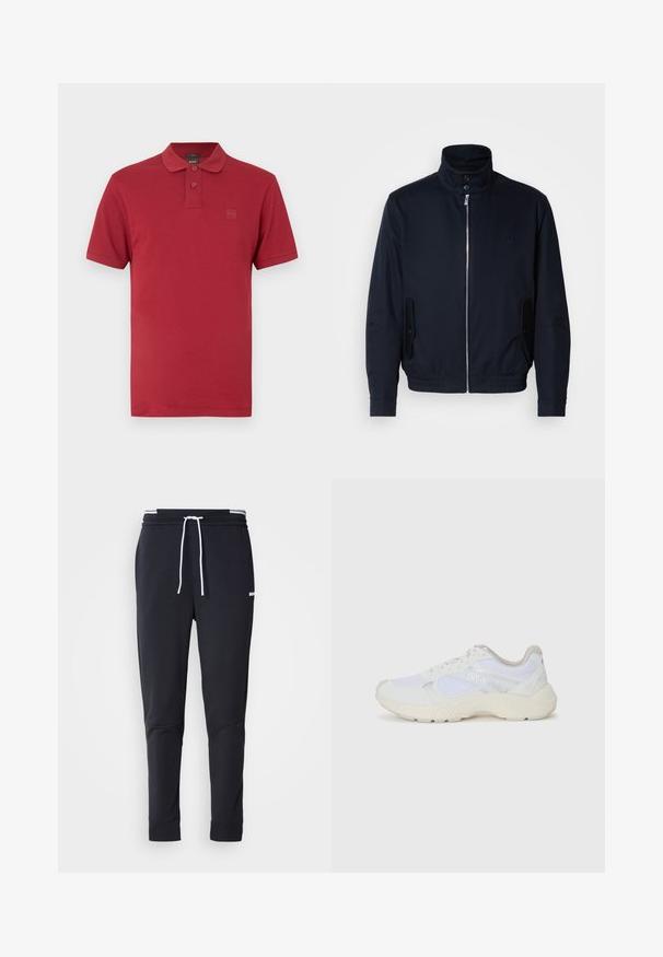 Navy blue jacket with a high collar, front zipper, side pockets, and ribbed cuffs. Smooth texture with a subtle logo detail on the chest.; Red slim-fit polo shirt with short sleeves, two buttons on placket, and small embossed logo on left chest.; Black slim-fit jogger pants with white drawstring, elastic waistband with white stripes, and small white logo on the upper thigh.; White athletic shoes made of mesh and suede, featuring a textured midsole, textured accents, and "HUGO" logo on the side.