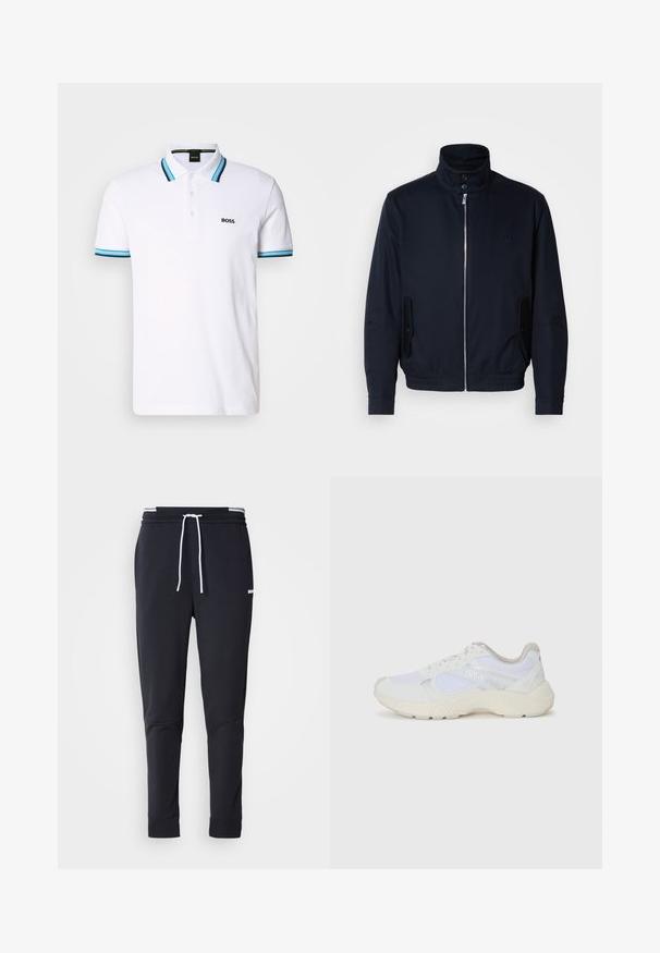 Námořnická modrá bunda s vysokým límcem, předním zipem, bočními kapsami a vroubkovanými manžetami. Hladká textura s jemným logem na hrudi.; Bílá polo tričko vyrobené z bavlny, s dvouknoflíkovou légou, modro-černými pruhovanými akcenty na límci a rukávech, s logem "BOSS".; Černé slim-fit jogger kalhoty s bílým stahovacím proužkem, elastickým pasem s bílými pruhy a malým bílým logem na horní části stehna.; Bílé sportovní boty vyrobené z síťoviny a semiše, s texturovanou mezipodešví, texturovanými akcenty a logem "HUGO" na boku.