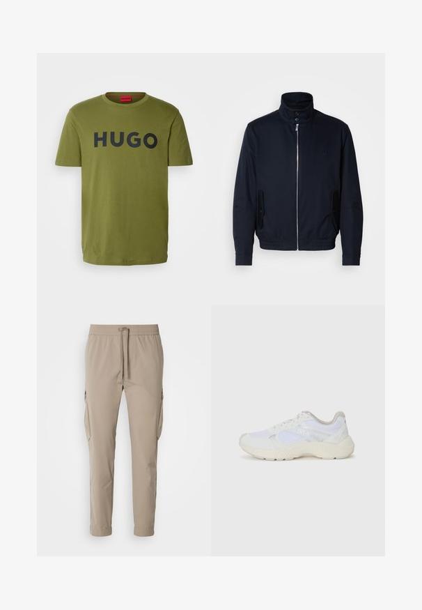 Námořnická modrá bunda s vysokým límcem, předním zipem, bočními kapsami a vroubkovanými manžetami. Hladká textura s jemným logem na hrudi.; HUGO DULIVIO - Triko s potiskem - open green; Beige cargo kalhoty s elastickým pasem a šňůrkou. Obsahují boční kapsy a mají zúžený střih, vyrobeny z lehkého materiálu.; Bílé sportovní boty vyrobené z síťoviny a semiše, s texturovanou mezipodešví, texturovanými akcenty a logem "HUGO" na boku.
