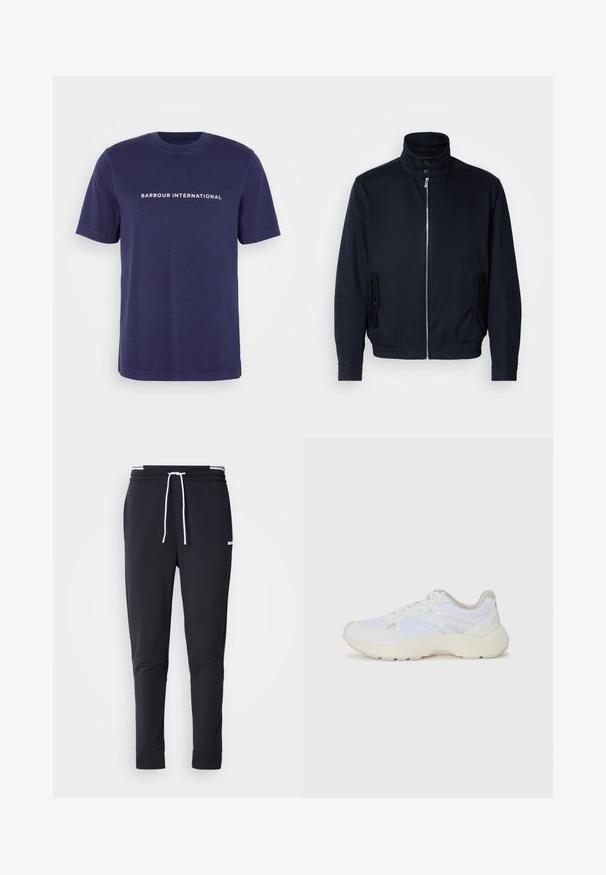 Casaco azul marinho com colarinho alto, fecho éclair frontal, bolsos laterais e punhos canelados. Textura suave com um detalhe logo discreto no peito.; T-shirt de algodão azul marinho com mangas curtas, decote redondo e texto branco "BARBOUR INTERNATIONAL" impresso no peito.; Calças de jogger ajustadas pretas com cordão branco, cintura elástica com riscas brancas e pequeno logo branco na parte superior da coxa.; Ténis brancos desportivos feitos de malha e camurça, com uma entressola texturizada, elementos texturizados e o logótipo "HUGO" na lateral.