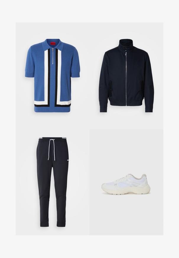 Tengerészkék dzseki magas gallérral, elülső cipzárral, oldalsó zsebekkel és bordázott mandzsettákkal. Sima felület, amelyen diszkrét logórészlet található a mellrészen.; Rövid ujjú kék polo, cipzárral, merész fekete és fehér geometriai csíkokkal és texturált kötött anyaggal. Piros címke a gallérnál.; Fekete, slim-fit rakott nadrág fehér zsinórral, elasztikus derékpánttal, fehér csíkokkal, és kisebb fehér logóval a comb felső részén.; Fehér sportcipők, amelyek hálós és velúr anyagból készültek, texturált középtalppal, texturált részletekkel és a "HUGO" logóval az oldalon.