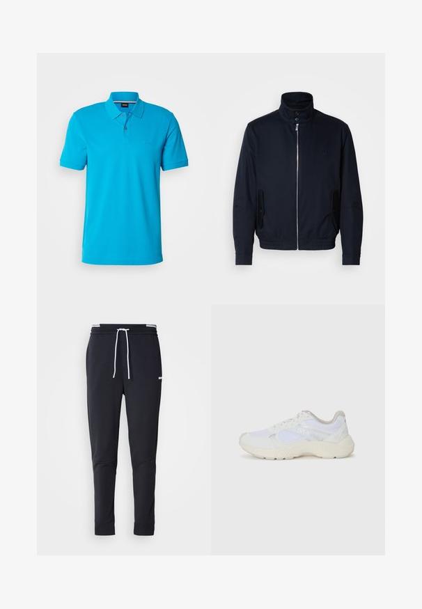 Námořnická modrá bunda s vysokým límcem, předním zipem, bočními kapsami a žebrovanými manžetami. Hladká textura s jemným logem na hrudi.; Tyrkysová polo košeľa vyrobená z bavlny, s dvoma gombíkmi na zapínanie, krátkymi rukávmi a jemným logom vyšitým na hrudi.; Čierne slim-fit jogger nohavice s bielym šnurovaním, elastickým pásom s bielymi pruhmi a malým bielym logom na hornej stehne.; Biele atletické topánky vyrobené z materiálov sieťoviny a semišu, s textúrovanou strednou podošvou, textúrovanými akcentmi a logom "HUGO" na boku.
