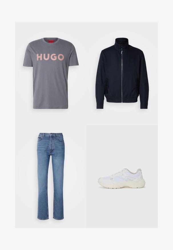 Tamsiai mėlyna striukė su aukšta apykakle, priekine užtrauktuku, šoninėmis kišenėmis ir gipiūriniais rankogaliais. Lygus paviršius su subtiliu logotipu ant krūtinės.; Grafito spalvos medvilninis marškinėlis trumpomis rankovėmis, su dideliu šviesiai rožiniu užrašu "HUGO" spausdintu priekyje ir apvaliu kaklu.; Mėlyni džinsai su aukštu liemeniu, tiesaus kirpimo dizainu ir subtiliu išblukimu. Turi klasikinį penkių kišenių stilių ir užtrauktuko uždarymą.; Balti sportiniai bateliai, pagaminti iš tinklinės medžiagos ir zomšos, su tekstūruotu viduriu, tekstūruotais akcentais ir „HUGO“ logotipu šone.