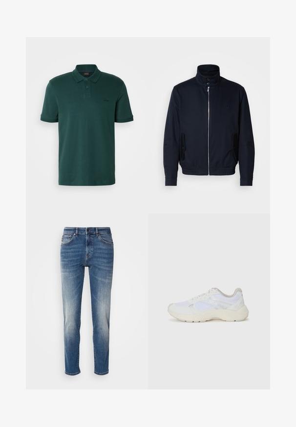 Granatowa kurtka z wysokim kołnierzem, przednim zamkiem, bocznymi kieszeniami i ściągaczami na mankietach. Gładka tekstura z subtelnym logo na klatce piersiowej.; Ciemnozielona koszulka polo z bawełny, z klasycznym kołnierzykiem, zapięciem na dwa guziki oraz subtelnym haftem logo na klatce piersiowej. Krótkie rękawy.; Niebieskie dżinsy o prostym kroju, z delikatnym wyblaknięciem, klasycznym pięciopocketowym stylem i zamek błyskawiczny z zapięciem na guzik.; Białe sportowe buty wykonane z siateczki i zamszu, z teksturowaną podeszwą środkową, teksturowanymi akcentami i logo "HUGO" z boku.