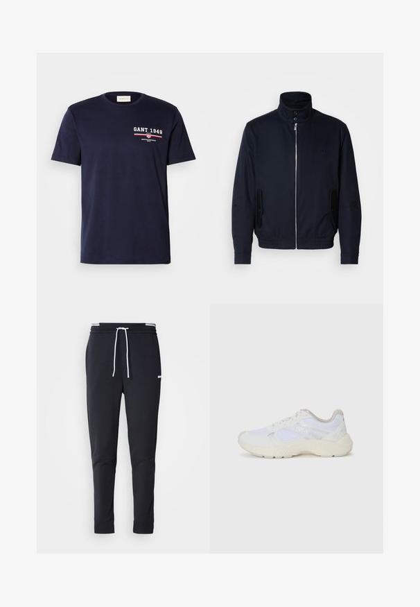 Ναυτικό μπλε μπουφάν με ψηλό γιακά, μπροστινό φερμουάρ, πλαϊνές τσέπες και ριμπ μανσέτες. Λείο ύφασμα με διακριτική λεπτομέρεια λογότυπου στο στήθος.; Μπλε ναυτικού βαμβακερό t-shirt με λευκό λογότυπο "GANT 1949" και κόκκινες λεπτομέρειες, στρογγυλή λαιμόκοψη, κοντά μανίκια, λεία υφή, βασική εφαρμογή.; Μαύρο παντελόνι jogger slim-fit με λευκή κορδόνι, ελαστική μέση με λευκές ρίγες και μικρό λευκό λογότυπο στο πάνω μέρος του μηρού.; Λευκά αθλητικά παπούτσια από πλέγμα και σουέτ, με υφή στη σόλα, υφές σε διάφορα σημεία και λογότυπο "HUGO" στο πλάι.