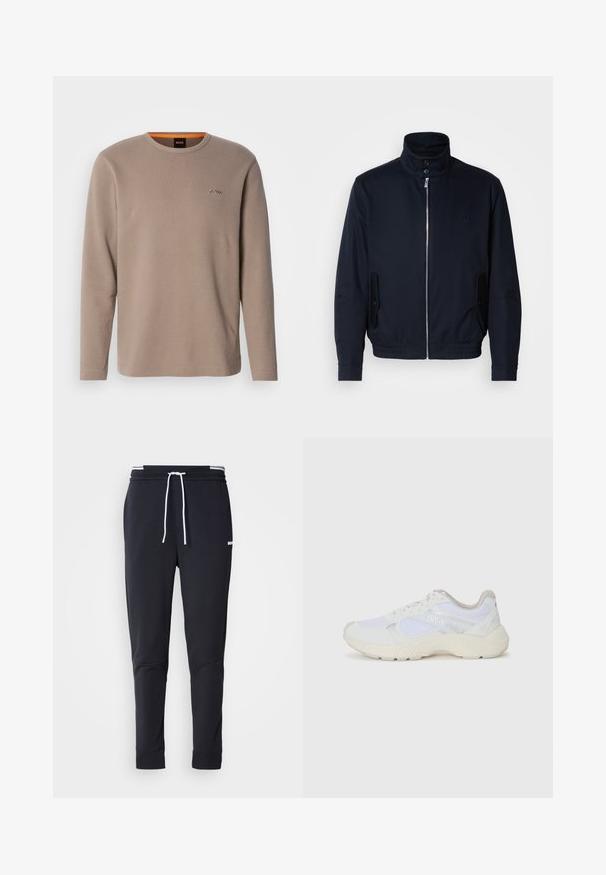 Navy blue jacket with a high collar, front zipper, side pockets, and ribbed cuffs. Smooth texture with a subtle logo detail on the chest.; Beige long-sleeve shirt made of ribbed fabric. Features a crew neckline and a small embroidered logo on the left chest. Accented with orange inside collar.; Black slim-fit jogger pants with white drawstring, elastic waistband with white stripes, and small white logo on the upper thigh.; White athletic shoes made of mesh and suede, featuring a textured midsole, textured accents, and "HUGO" logo on the side.