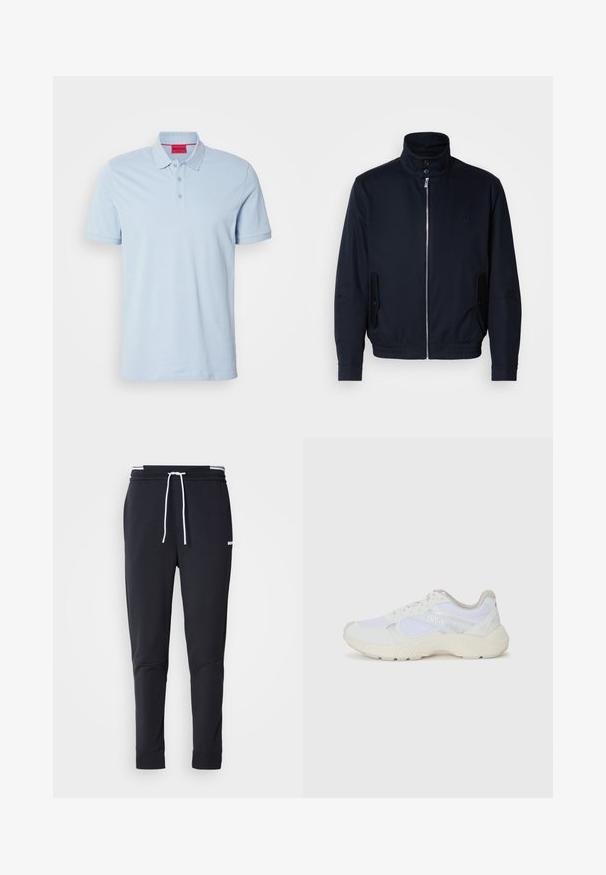 Chaqueta azul marino con un alto cuello, cierre frontal, bolsillos laterales y puños acanalados. Textura suave con un sutil detalle de logo en el pecho.; Polo de color azul claro hecho de algodón, con cuello, tapeta de tres botones y logo bordado en el pecho. Manga corta.; Pantalones jogger ajustados negros con cordón blanco, cinturilla elástica con rayas blancas y pequeño logotipo blanco en el muslo superior.; Zapatillas deportivas blancas hechas de malla y ante, con una entresuela texturizada, acentos texturizados y el logo "HUGO" en el lateral.