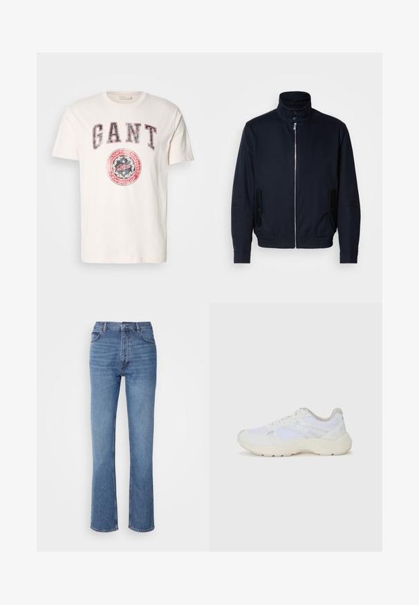 Marineblauwe jas met hoge kraag, voorsluiting met rits, zijzakken en ribgebreide manchetten. Gladde textuur met een subtiele logo-detail op de borst.; Crème katoenen t-shirt met korte mouwen. Voorzien van vetgedrukte rode en blauwe "GANT" tekst en een cirkelvormige logo-afbeelding met "opgericht in 1949."; Blauwe denim jeans met een hoge taille, een recht pasvorm en subtiele vervaging. Kenmerkt zich door de klassieke vijf-pocketstijl en een ritssluiting.; Witte sportief schoenen van mesh en suede, met een gestructureerde tussenzool, gestructureerde accenten en het "HUGO" logo aan de zijkant.