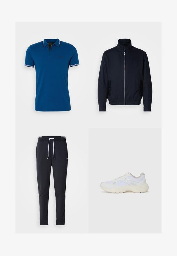 Tengerészkék dzseki magas gallérral, elülső cipzárral, oldalsó zsebekkel és bordázott mandzsettákkal. Sima felület, amelyen diszkrét logórészlet található a mellrészen.; Kék pólóing, pamutból készült, fekete gallérral, fehér csíkokkal, rövid ujjú, és egy kis logóval a mellkasán.; Fekete, slim-fit rakott nadrág fehér zsinórral, elasztikus derékpánttal, fehér csíkokkal, és kisebb fehér logóval a comb felső részén.; Fehér sportcipők, amelyek hálós és velúr anyagból készültek, texturált középtalppal, texturált részletekkel és a "HUGO" logóval az oldalon.