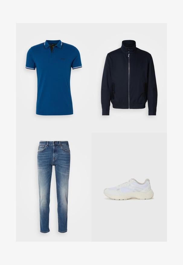 Marineblauwe jas met hoge kraag, voorsluiting met rits, zijzakken en ribgebreide manchetten. Gladde textuur met een subtiele logo-detail op de borst.; Blauwe polo gemaakt van katoen, met een zwarte kraag met witte strepen, korte mouwen en een klein logo op de borst.; Blauwe denim jeans met een recht model, lichte vervaging, klassieke vijf-pocketstijl en een ritssluiting met knoopsluiting.; Witte sportief schoenen van mesh en suede, met een gestructureerde tussenzool, gestructureerde accenten en het "HUGO" logo aan de zijkant.