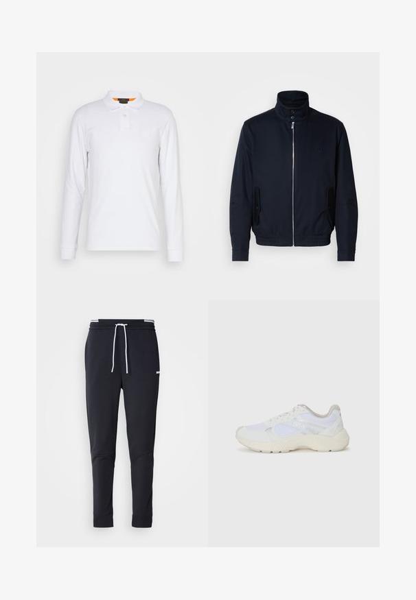 Navy blue jacket with a high collar, front zipper, side pockets, and ribbed cuffs. Smooth texture with a subtle logo detail on the chest.; White long-sleeve polo shirt made of cotton, featuring a pointed collar, two-button placket, and a small logo on the chest. Orange accent inside collar.; Black slim-fit jogger pants with white drawstring, elastic waistband with white stripes, and small white logo on the upper thigh.; White athletic shoes made of mesh and suede, featuring a textured midsole, textured accents, and "HUGO" logo on the side.