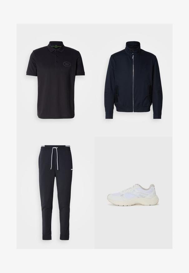 Ναυτικό μπλε μπουφάν με ψηλό γιακά, μπροστινό φερμουάρ, πλαϊνές τσέπες και ριμπ μανσέτες. Λείο ύφασμα με διακριτική λεπτομέρεια λογότυπου στο στήθος.; Μαύρο πόλο μπλουζάκι από λείο ύφασμα με κολάρο, τριών κουμπιών και τονικό λογότυπο στο στήθος. Κοντά μανίκια.; Μαύρο παντελόνι jogger slim-fit με λευκή κορδόνι, ελαστική μέση με λευκές ρίγες και μικρό λευκό λογότυπο στο πάνω μέρος του μηρού.; Λευκά αθλητικά παπούτσια από πλέγμα και σουέτ, με υφή στη σόλα, υφές σε διάφορα σημεία και λογότυπο "HUGO" στο πλάι.