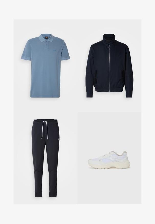 Casaco azul marinho com colarinho alto, fecho éclair frontal, bolsos laterais e punhos canelados. Textura suave com um detalhe logo discreto no peito.; Camisa polo de mangas curtas azul claro com botão de dois na pala, gola clássica e um pequeno logótipo em relevo no peito. Tecido de algodão suave.; Calças de jogger ajustadas pretas com cordão branco, cintura elástica com riscas brancas e pequeno logo branco na parte superior da coxa.; Ténis brancos desportivos feitos de malha e camurça, com uma entressola texturizada, elementos texturizados e o logótipo "HUGO" na lateral.