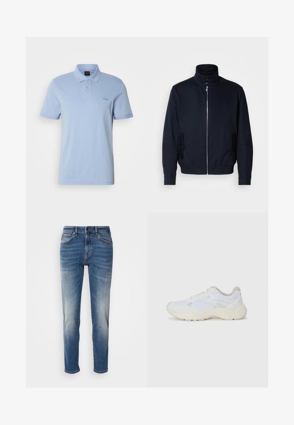 Granatowa kurtka z wysokim kołnierzem, przednim zamkiem, bocznymi kieszeniami i ściągaczami na mankietach. Gładka tekstura z subtelnym logo na klatce piersiowej.; BOSS - Koszulka polo; Niebieskie dżinsy o prostym kroju, z delikatnym wyblaknięciem, klasycznym pięciopocketowym stylem i zamek błyskawiczny z zapięciem na guzik.; Białe sportowe buty wykonane z siateczki i zamszu, z teksturowaną podeszwą środkową, teksturowanymi akcentami i logo "HUGO" z boku.