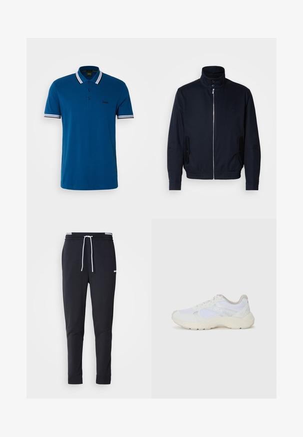 Marineblå jakke med høy krage, glidelås foran, sidelommer og ribbestrikkede mansjetter. Glatt tekstur med en subtil logo detaljer på brystet.; BOSS PADDY - Poloskjorter - open blue; Sorte slim-fit joggebukser med hvit snor, elastisk midjebånd med hvite striper, og en liten hvit logo på overlåret.; Hvit idrettssko laget av mesh og skinn, med en teksturert mellomsåle, teksturerte detaljer og "HUGO"-logo på siden.