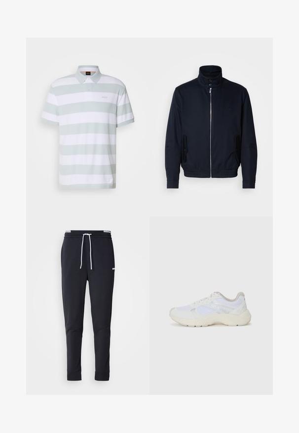 Granatowa kurtka z wysokim kołnierzem, przednim zamkiem, bocznymi kieszeniami i ściągaczami na mankietach. Gładka tekstura z subtelnym logo na klatce piersiowej.; Polo w paski w jasnym zielonym i białym kolorze, wykonany z bawełny, z klasycznym kołnierzykiem, zapięciem na dwa guziki i subtelnym logo na piersi.; Czarne, dopasowane spodnie dresowe z białym sznurkiem zaciskowym, elastycznym pasem w białe paski oraz małym białym logo na górnej części uda.; Białe sportowe buty wykonane z siateczki i zamszu, z teksturowaną podeszwą środkową, teksturowanymi akcentami i logo "HUGO" z boku.