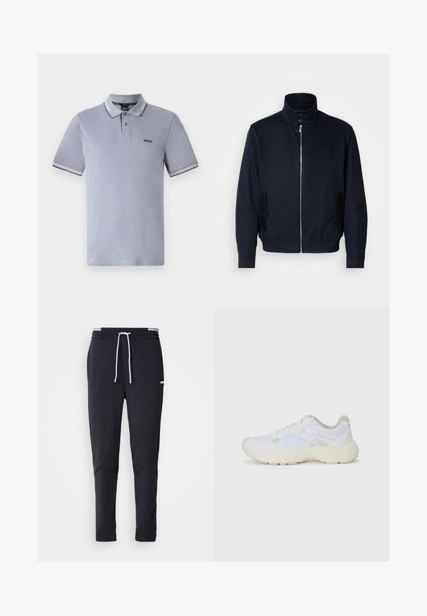 Marineblå jakke med høy krage, glidelås foran, sidelommer og ribbestrikkede mansjetter. Glatt tekstur med en subtil logo detaljer på brystet.; Lys grå polo med klassisk krage, med hvite og mørkeblå striper på kragen og ermene, samt en subtil logo på brystet.; Sorte slim-fit joggebukser med hvit snor, elastisk midjebånd med hvite striper, og en liten hvit logo på overlåret.; Hvit idrettssko laget av mesh og skinn, med en teksturert mellomsåle, teksturerte detaljer og "HUGO"-logo på siden.
