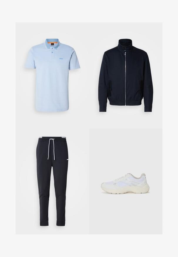 Marinblå jacka med hög krage, frontdragkedja, sidofickor och ribbade ärmar. Slät textur med en diskret logodetalj på bröstet.; Ljusblå polo skjorta av bomullstyg. Har en två-knapps knäppning, ribbad krage med vita ränder och en BOSS-logotyp i matchande färg.; Svarta slim-fit joggerbyxor med vit dragsko, elastisk midja med vita ränder och en liten vit logotyp på övre låret.; Vitaidrottsskor i mesh och mocka med en strukturerad mellansula, texturerade accenter och "HUGO"-logotypen på sidan.
