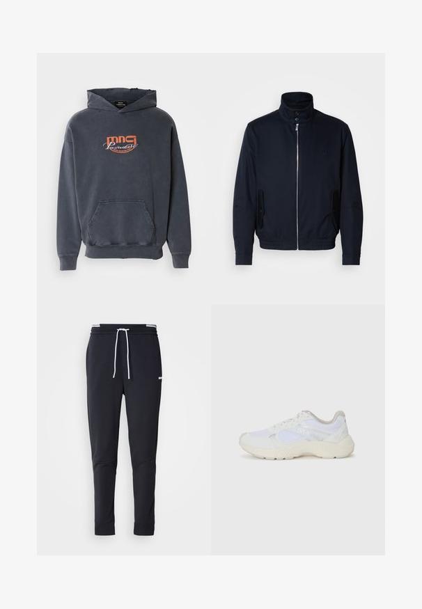 Navy blue jacket with a high collar, front zipper, side pockets, and ribbed cuffs. Smooth texture with a subtle logo detail on the chest.; Dark gray hoodie with a front pocket, drawstring hood, and orange graphic logo "mmg Paradise Disco Dancing Club" on the chest. Cotton blend fabric.; Black slim-fit jogger pants with white drawstring, elastic waistband with white stripes, and small white logo on the upper thigh.; White athletic shoes made of mesh and suede, featuring a textured midsole, textured accents, and "HUGO" logo on the side.