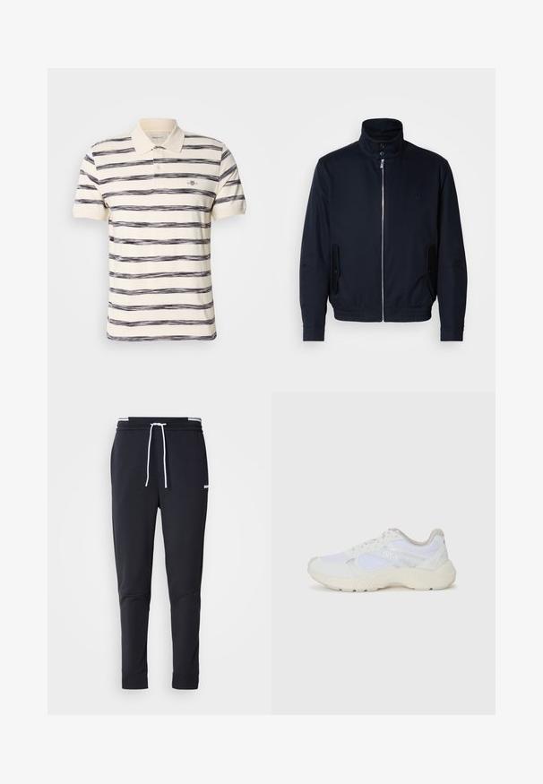 Casaco azul marinho com colarinho alto, fecho éclair frontal, bolsos laterais e punhos canelados. Textura suave com um detalhe logo discreto no peito.; Polo às riscas em creme com riscas horizontais azuis marinhas. Apresenta um colarinho dobrado, dois botões e um pequeno logótipo da marca no peito.; Calças de jogger ajustadas pretas com cordão branco, cintura elástica com riscas brancas e pequeno logo branco na parte superior da coxa.; Ténis brancos desportivos feitos de malha e camurça, com uma entressola texturizada, elementos texturizados e o logótipo "HUGO" na lateral.