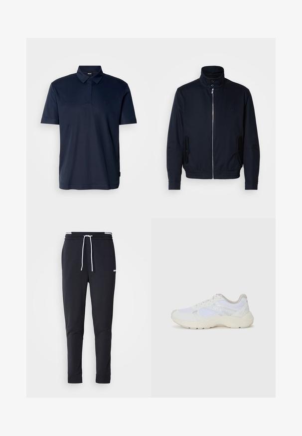 Casaco azul marinho com colarinho alto, fecho éclair frontal, bolsos laterais e punhos canelados. Textura suave com um detalhe logo discreto no peito.; Pólo azul marinho feito de tecido suave, com gola, mangas curtas e bordado discreto do logótipo no peito.; Calças de jogger ajustadas pretas com cordão branco, cintura elástica com riscas brancas e pequeno logo branco na parte superior da coxa.; Ténis brancos desportivos feitos de malha e camurça, com uma entressola texturizada, elementos texturizados e o logótipo "HUGO" na lateral.