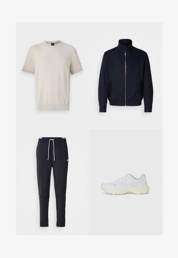 Navy blue jacket with a high collar, front zipper, side pockets, and ribbed cuffs. Smooth texture with a subtle logo detail on the chest.; Short-sleeve crew neck t-shirt in light beige textured fabric. Features ribbed neckline and cuffs with a subtle contrasting trim.; Black slim-fit jogger pants with white drawstring, elastic waistband with white stripes, and small white logo on the upper thigh.; White athletic shoes made of mesh and suede, featuring a textured midsole, textured accents, and "HUGO" logo on the side.