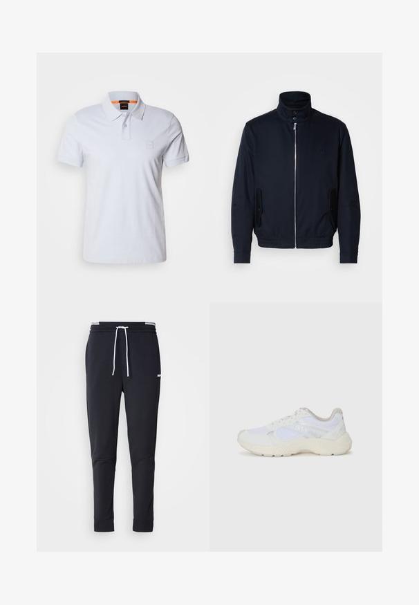 Námořnická modrá bunda s vysokým límcem, předním zipem, bočními kapsami a vroubkovanými manžetami. Hladká textura s jemným logem na hrudi.; Bílá polo polo tričko s límečkem, krátkými rukávy a diskrétním logem. Vyrobeno z bavlny, s hladkou texturou a klasickým designem.; Černé slim-fit jogger kalhoty s bílým stahovacím proužkem, elastickým pasem s bílými pruhy a malým bílým logem na horní části stehna.; Bílé sportovní boty vyrobené z síťoviny a semiše, s texturovanou mezipodešví, texturovanými akcenty a logem "HUGO" na boku.