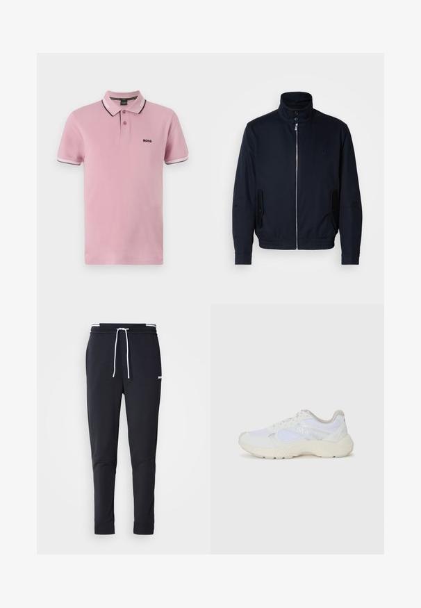 Casaco azul marinho com colarinho alto, fecho éclair frontal, bolsos laterais e punhos canelados. Textura suave com um detalhe logo discreto no peito.; Pólo em algodão rosa claro com colarinho clássico, abertura de três botões e detalhes listrados em branco e escuro contrastantes nas mangas.; Calças de jogger ajustadas pretas com cordão branco, cintura elástica com riscas brancas e pequeno logo branco na parte superior da coxa.; Ténis brancos desportivos feitos de malha e camurça, com uma entressola texturizada, elementos texturizados e o logótipo "HUGO" na lateral.