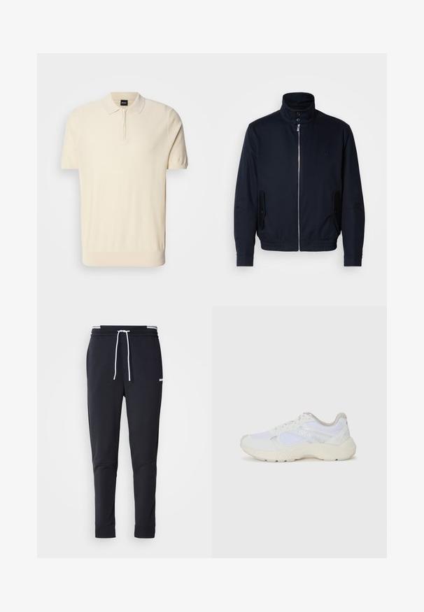 Mornarsko moder plašč z visokim ovratnikom, sprednjim zadrge, stranskimi žepi in rebrastimi manšetami. Gladka tekstura s subtilno detajlom logotipa na prsih.; Polo majica s kratkimi rokavi v svetli bež barvi, izdelana iz mehkega pletenega materiala. Ima ovratnik z polozipom in prilegajoče telo z rebrastim robom.; Črne slim-fit jogger hlače z belo vrvico, elastičnim pasom z belimi črtami in majhnim belim logotipom na zgornjem stegnu.; Bela športna obuvala iz mrežastega in semiš materiala, z teksturiranim podplatom, teksturiranimi dodatki in logotipom "HUGO" na strani.