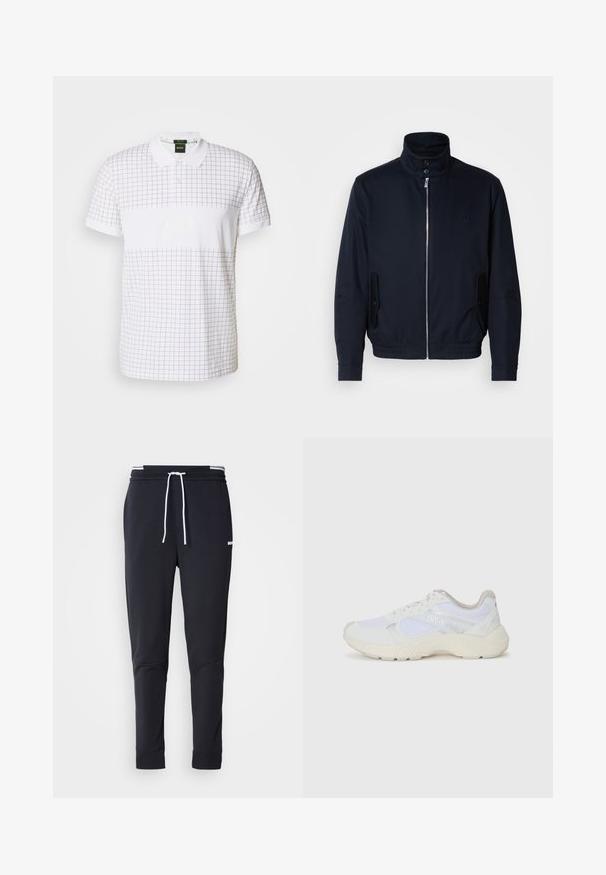 Jūras zils žakets ar augstu apkakli, priekšējo rāvējslēdzi, sānu kabatām un ribotajiem piedurknēm. Gluda tekstūra ar nelielu logotipa detaļu uz krūšu.; Baltā polo krekls ar tumši pelēku režģa rakstu, ar kontrastējošu apkakli un piedurknēm, centrā esošo logo un īsām piedurknēm.; Melnas pieguļošas jogger bikses ar baltu auklu, elastīgu jostasvietu ar baltām svītrām un mazu baltu logotipu augšstilbā.; Baltas sporta apavi, kas izgatavoti no sieta un zamšāda, ar teksturētu starpzoli, teksturētām akcentēm un "HUGO" logo sānos.