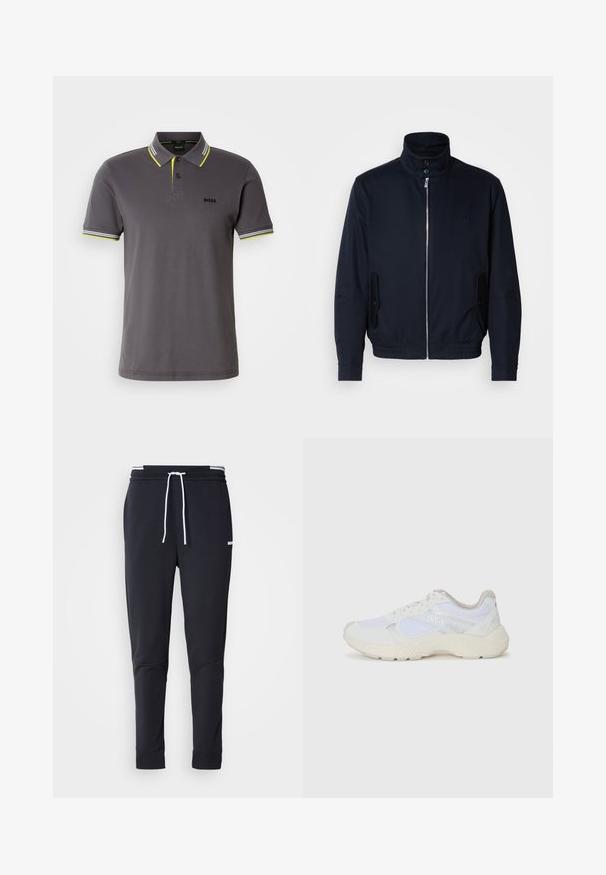 Tengerészkék dzseki magas gallérral, elülső cipzárral, oldalsó zsebekkel és bordázott mandzsettákkal. Sima felület, amelyen diszkrét logórészlet található a mellrészen.; Férfi szürke pólóing 100%-os pamutból, sárga és fehér díszítéssel ellátott gallérral, kettő gombbal és egy kis fekete logóval a mellkason.; Fekete, slim-fit rakott nadrág fehér zsinórral, elasztikus derékpánttal, fehér csíkokkal, és kisebb fehér logóval a comb felső részén.; Fehér sportcipők, amelyek hálós és velúr anyagból készültek, texturált középtalppal, texturált részletekkel és a "HUGO" logóval az oldalon.