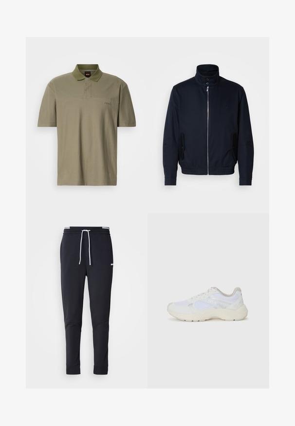 Tumesinine jope, millel on kõrge krae, ees tõmblukk, küljetaskud ja soonikkoes varrukad. Sile tekstuur koos õrnalt logo detailiga rinna piirkonnas.; Olive rohelise värvi polo särk, lühikeste varrukatega, krae disain, peen tekstuur, vasakul pool väikese tikandina "BOSS" logo.; Mustad must-fit spordipüksid valge paelaga, elastse vöökohtaga valgete triipudega ja väikese valge logoga ülemisel reiel.; Valged sportlikud jalanõud, mis on valmistatud võrkkangast ja seemisnahast, sisaldavad tekstureeritud vahetald, tekstureeritud aktsentide ning küljes oleva "HUGO" logo.