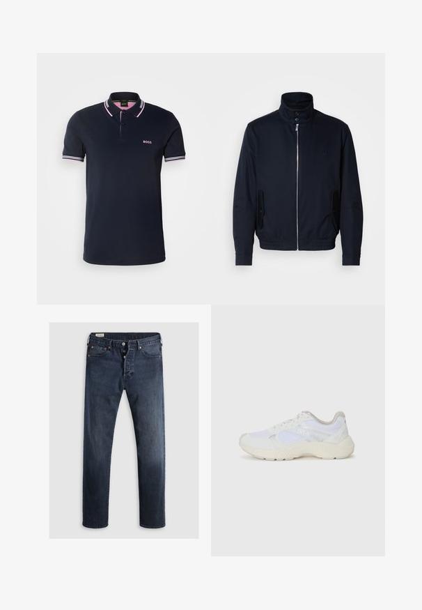 Námořnická modrá bunda s vysokým límcem, předním zipem, bočními kapsami a žebrovanými manžetami. Hladká textura s jemným logem na hrudi.; BOSS PAUL - Polokošeľa - dark blue; Tmavomodré denimové džínsy so strihom rovného nohavice, s obojsmerným zipsom, kovovými gombíkmi a medenými nitmi. Hladký povrch, bez viditeľných vzorov.; Biele atletické topánky vyrobené z materiálov sieťoviny a semišu, s textúrovanou strednou podošvou, textúrovanými akcentmi a logom "HUGO" na boku.