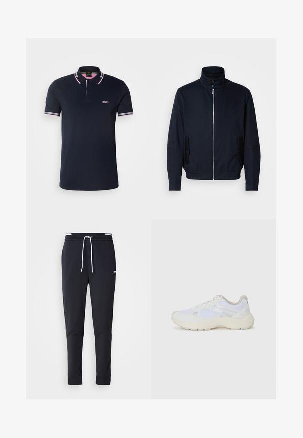 Námořnická modrá bunda s vysokým límcem, předním zipem, bočními kapsami a vroubkovanými manžetami. Hladká textura s jemným logem na hrudi.; BOSS PAUL - Polotričko - dark blue; Černé slim-fit jogger kalhoty s bílým stahovacím proužkem, elastickým pasem s bílými pruhy a malým bílým logem na horní části stehna.; Bílé sportovní boty vyrobené z síťoviny a semiše, s texturovanou mezipodešví, texturovanými akcenty a logem "HUGO" na boku.