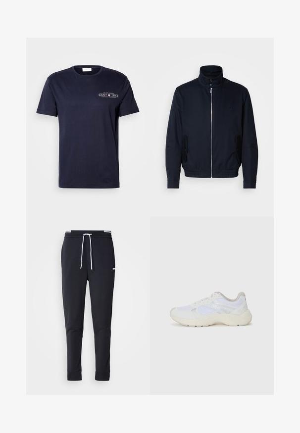 Marineblauwe jas met hoge kraag, voorsluiting met rits, zijzakken en ribgebreide manchetten. Gladde textuur met een subtiele logo-detail op de borst.; Marineblauw katoenen T-shirt met een ronde hals, korte mouwen en een vooropdruk met "GANT 1949" in het wit. Huidige textuur, klassieke pasvorm.; Zwarte slim-fit joggerbroek met witte trekkoord, elastische tailleband met witte strepen en klein wit logo op het bovenbeen.; Witte sportief schoenen van mesh en suede, met een gestructureerde tussenzool, gestructureerde accenten en het "HUGO" logo aan de zijkant.