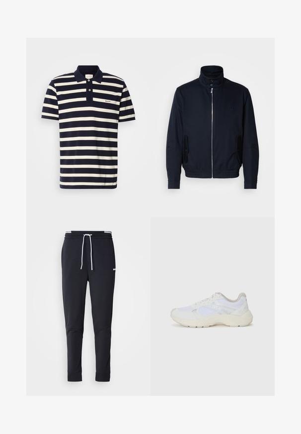 Tumesinine jope, millel on kõrge krae, ees tõmblukk, küljetaskud ja soonikkoes varrukad. Sile tekstuur koos õrnalt logo detailiga rinna piirkonnas.; Tumesinine ja valge triibuline polo särk, lühikesed varrukad, puuvillane materjal, kahe nupuga avaus, tikitud logo rinnal.; Mustad must-fit spordipüksid valge paelaga, elastse vöökohtaga valgete triipudega ja väikese valge logoga ülemisel reiel.; Valged sportlikud jalanõud, mis on valmistatud võrkkangast ja seemisnahast, sisaldavad tekstureeritud vahetald, tekstureeritud aktsentide ning küljes oleva "HUGO" logo.