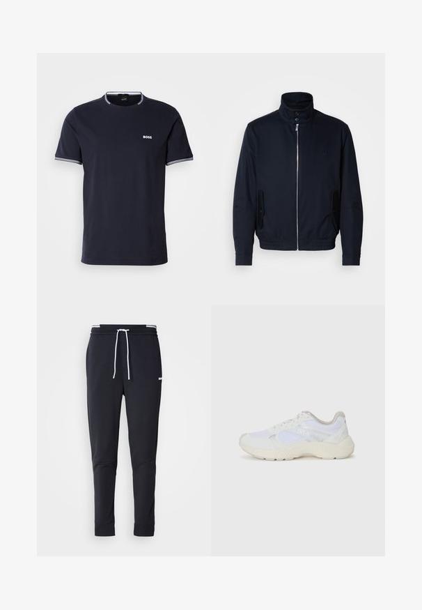 Tamsiai mėlyna striukė su aukšta apykakle, priekine užtrauktuku, šoninėmis kišenėmis ir gipiūriniais rankogaliais. Lygus paviršius su subtiliu logotipu ant krūtinės.; Tamsiai mėlynas medvilninis marškinėlis su apvaliu kaklu, su baltais dryželiais ant apykaklės ir rankovių, ir maža balta logo ant krūtinės.; Juodi liekni džinsai su balta raišteliu, elastinga juosmens juosta su baltais raštais ir maža balta logotipu viršutiniame šlaunies taške.; Balti sportiniai bateliai, pagaminti iš tinklinės medžiagos ir zomšos, su tekstūruotu viduriu, tekstūruotais akcentais ir „HUGO“ logotipu šone.