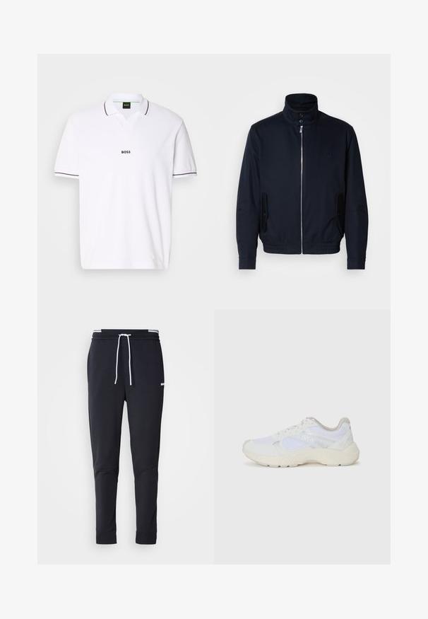 Námořnická modrá bunda s vysokým límcem, předním zipem, bočními kapsami a žebrovanými manžetami. Hladká textura s jemným logem na hrudi.; Biely polo tričko vyrobené z textúrovanej tkaniny. Má výstrih do V, krátke rukávy a tmavosivé akcenty na golieriku a manžetách rukávov. Zobrazené logo "BOSS".; Čierne slim-fit jogger nohavice s bielym šnurovaním, elastickým pásom s bielymi pruhmi a malým bielym logom na hornej stehne.; Biele atletické topánky vyrobené z materiálov sieťoviny a semišu, s textúrovanou strednou podošvou, textúrovanými akcentmi a logom "HUGO" na boku.