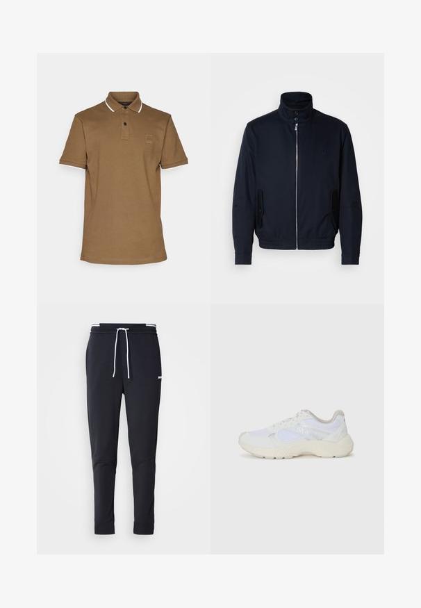 Tengerészkék dzseki magas gallérral, elülső cipzárral, oldalsó zsebekkel és bordázott mandzsettákkal. Sima felület, amelyen diszkrét logórészlet található a mellrészen.; Barna pólóing gallérral, fehér díszítéssel az ujjakon, két gombos gombolás, és egy kis logó folt a mellkason. Pamut keverék anyag.; Fekete, slim-fit rakott nadrág fehér zsinórral, elasztikus derékpánttal, fehér csíkokkal, és kisebb fehér logóval a comb felső részén.; Fehér sportcipők, amelyek hálós és velúr anyagból készültek, texturált középtalppal, texturált részletekkel és a "HUGO" logóval az oldalon.